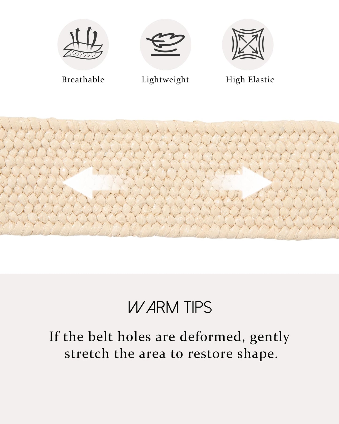 AWAYTR Womens Boho Woven Belt - Easy Care Plastic Elastic Belt with Handmade Raffia Buckle for Daily Vacation Work,Beige,Fit Waist 31''-36''