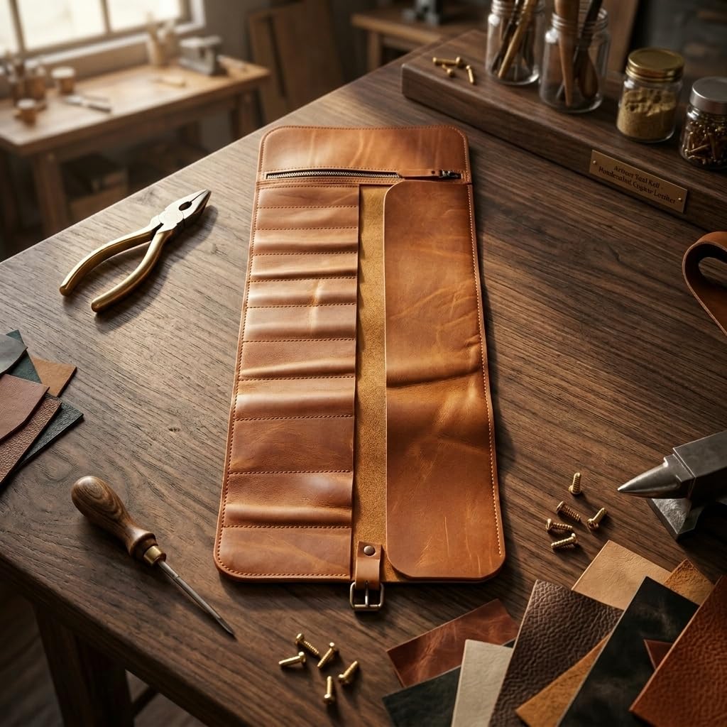 TORAKIP Genuine Leather Tool Roll – Compact Roll-Up Tool Organizer with Multiple Pockets for Wrenches, Screwdrivers & Pliers – Portable Leather Tool Storage Case, Warm Brown (Tools Not Included)