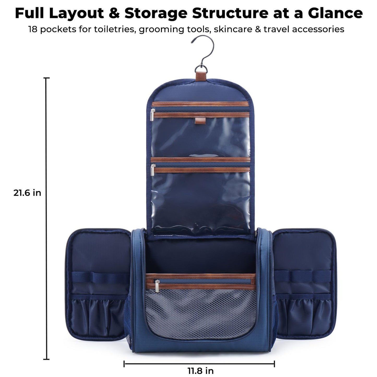 Ralnitote Large Hanging Toiletry Bag for Men, Travel Bathroom Bag with Hook, Hygiene Bag Organizer for Shower, Shaving & Grooming Essentials, Navy