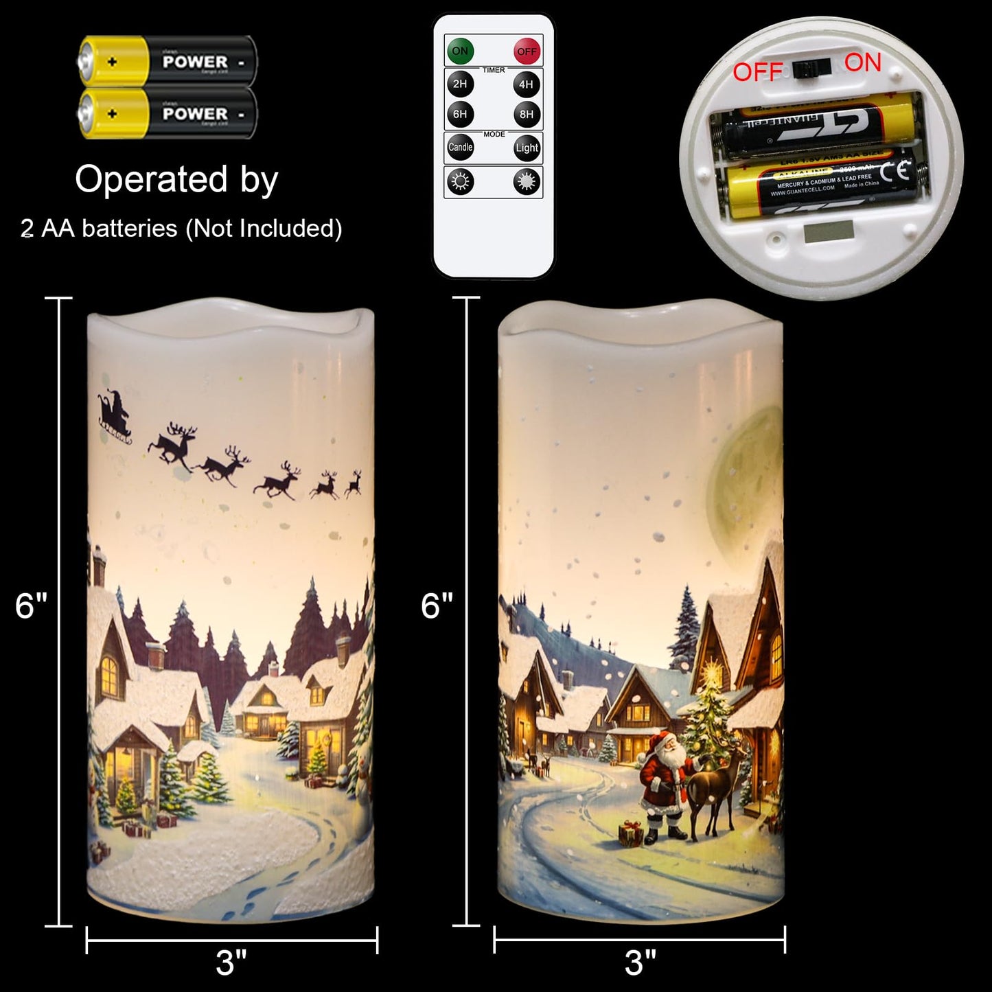 GenSwin Christmas Flameless Candles with Remote Timer, Set of 2 Christmas LED Battery Operated Pillar Candles with Snow House, Santa, Reindeer Decals for Holiday Winter Party Home Decor(D3” x H6”)