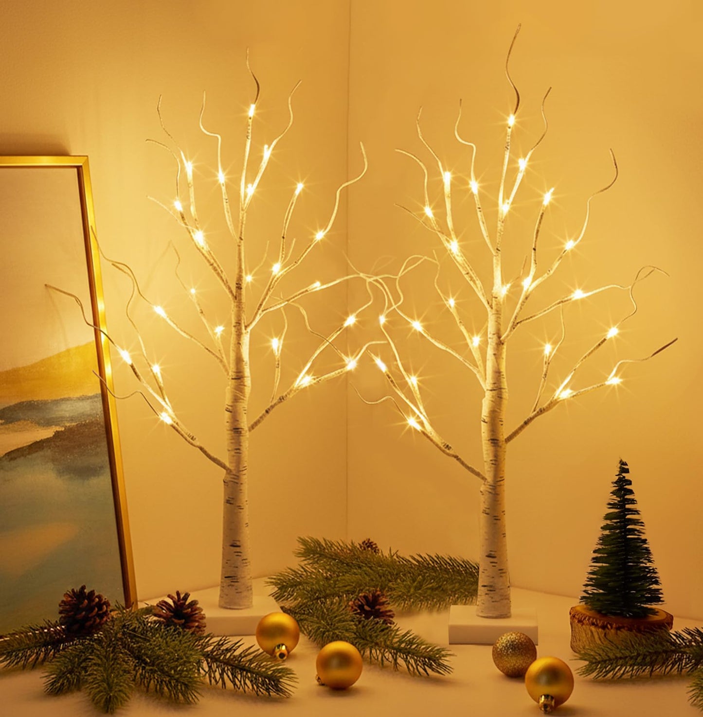 EAMBRITE Lighted Birch Tree Home Decor, Christmas Decorations Indoor 2Pack 24 LED Light Up Tabletop Mini Small Artificial White Trees Lamp with Lights Battery Operated/USB for Table Mantel (2FT)