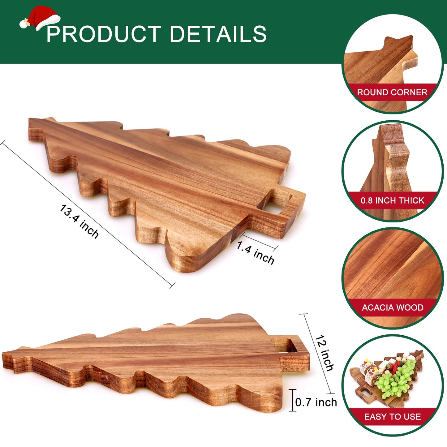 15" Wooden Christmas Tree Charcuterie Boards Acacia Wood Cutting Board with Handle Christmas Kitchen Decor Gifts Cheese Serving Tray for Dessert Appetizer Fruit Vegetable Platter Xmas Tree Platters