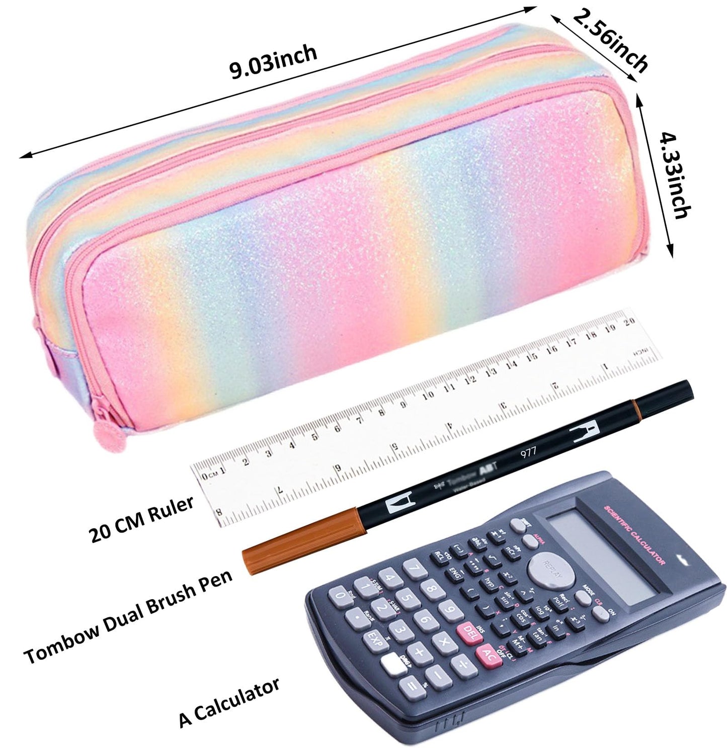 BETURETOP Glitter Rainbow Pencil Case, Large Capacity Pencil Pouch Pen Bag Organizer with 3 Compartments for Student School Office Supplies, Cute Pencil Holder Pen Box Stationary Bag