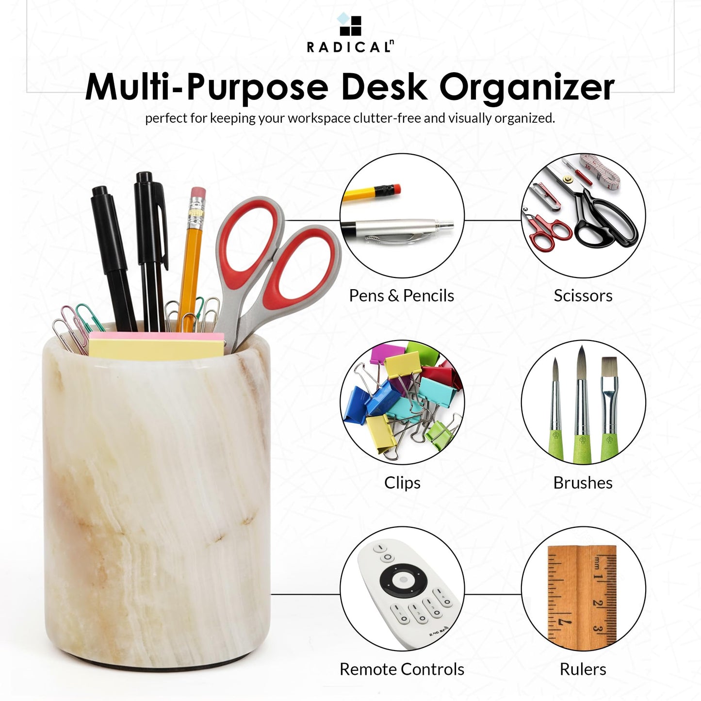 Radicaln Marble Pen Holder For Desk 4" Inches White Onyx Handmade Stationary Holder For Study Room, Ideal Pencil Holder & Desk Organizer, Use for Office Supplies