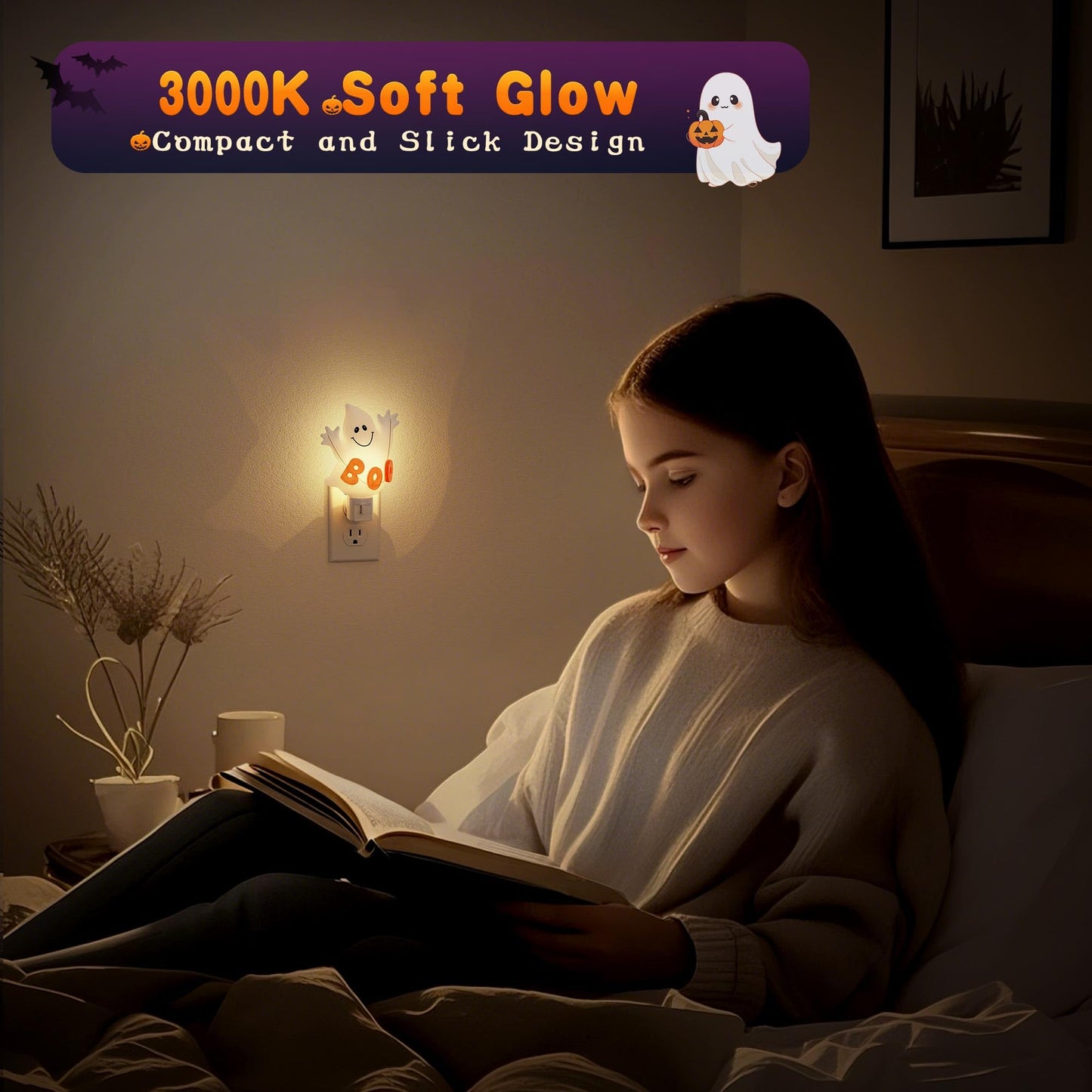 JandCase Ghost Night Light, 3000K Night Lights Plug into Wall,Cute & Funny Halloween Night Light for Kids,Plug in Ghost Nightlight with 360° Rotatable for Halloween Party Decor,1 Pack
