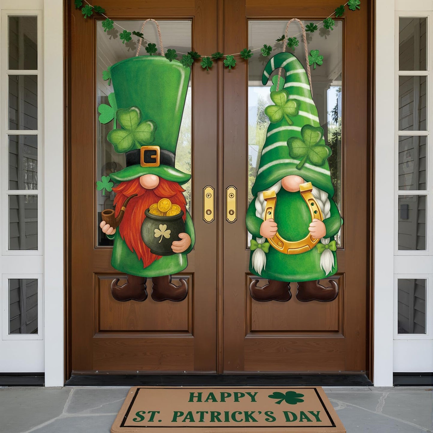 Thyle 2 Pcs Wooden St. Patrick's Day Gnomes Sign 32.3 x 12.2 Inch Irish Hanging Gnomes Front Door Decor Shamrock Lucky Green Hanger for Outdoor Indoor Front Porch Home Wall Supplies