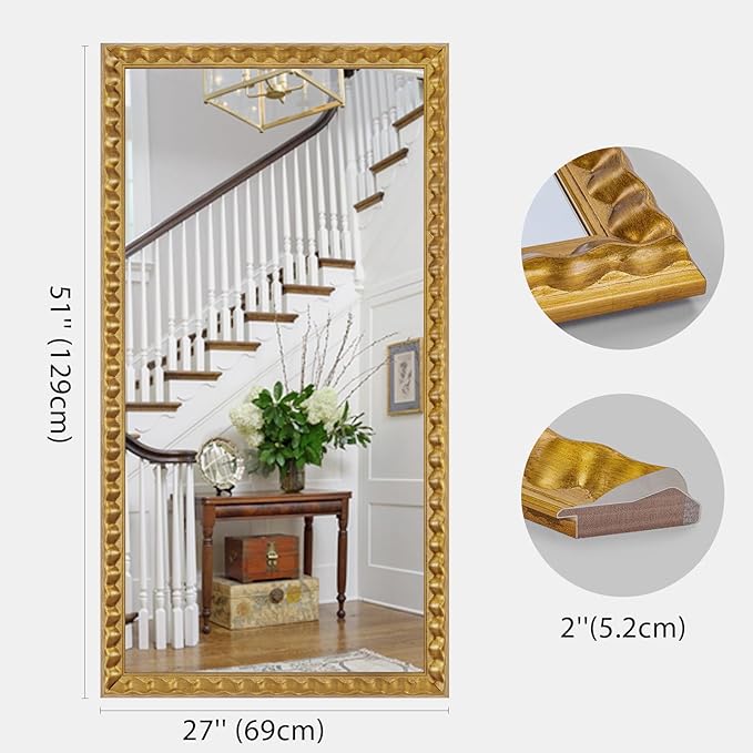 Large Gold Mirrors for Dining Room Decor, 51'' X 27'' Antique Gold Mirror with Textured Wavy Wood Frame, Rectangular Mirror for Living Room, Bathroom, Bedroom, Entryway