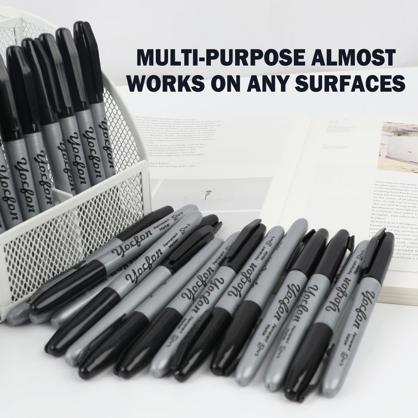 Yocfon Permanent Markers Bulk, 144 Count Black Permanent Markers Set, Fine Tip, Waterproof Markers, Works On Plastic, Wood, Stone And Metal For Doodling, Marking