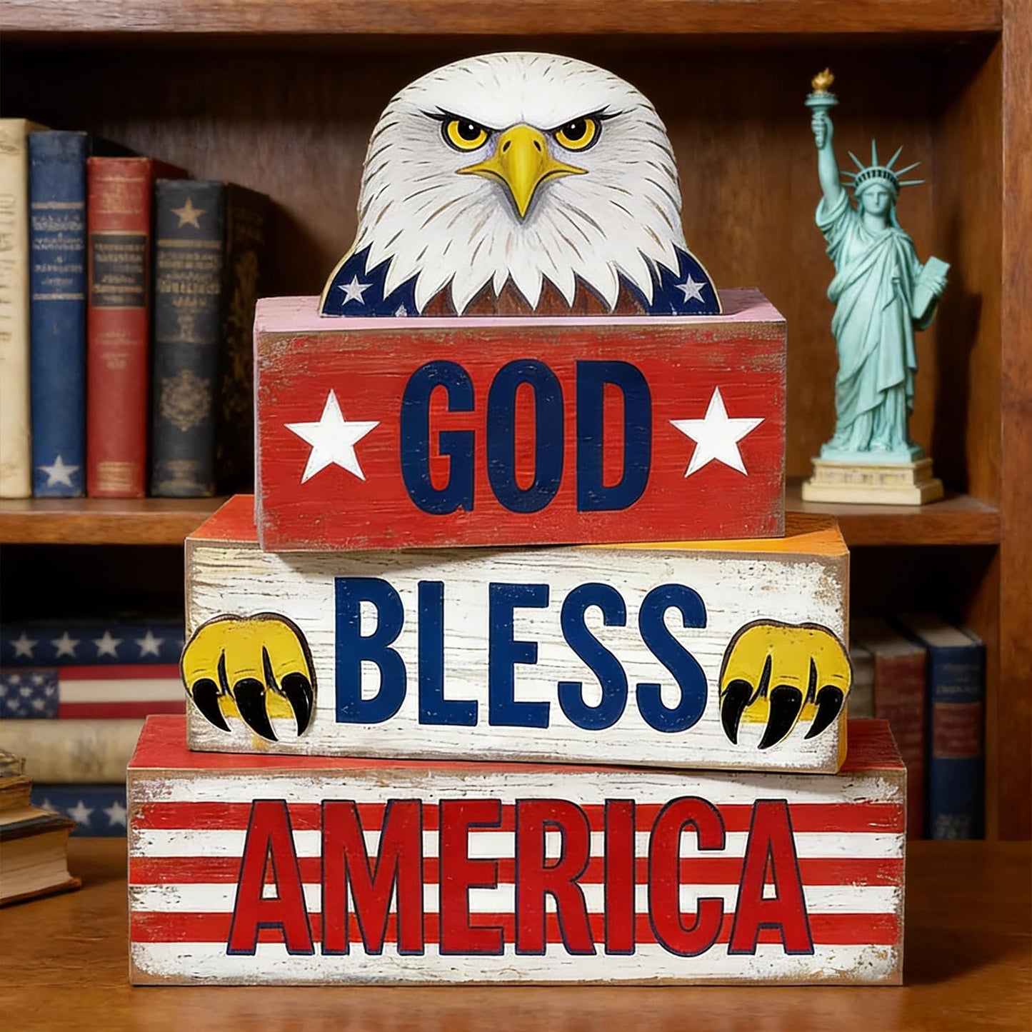 4th of July Table Decorations Patriotic Memorial Day Tiered Tray Decor Wooden Eagle Block Signs Independence Farmhouse 250th July Fouth Centerpiece for Tables Wooden Sign for Home Decor