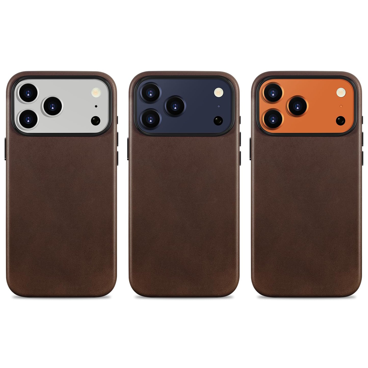 Belemay Handcrafted Full-Grain Vegetable-Tanned Leather Case for iPhone 17 Pro, Compatible with MagSafe, Two-Tone Effect, Natural Patina, Camera Control Button, Metal Buttons (6.3") Bourbon Brown