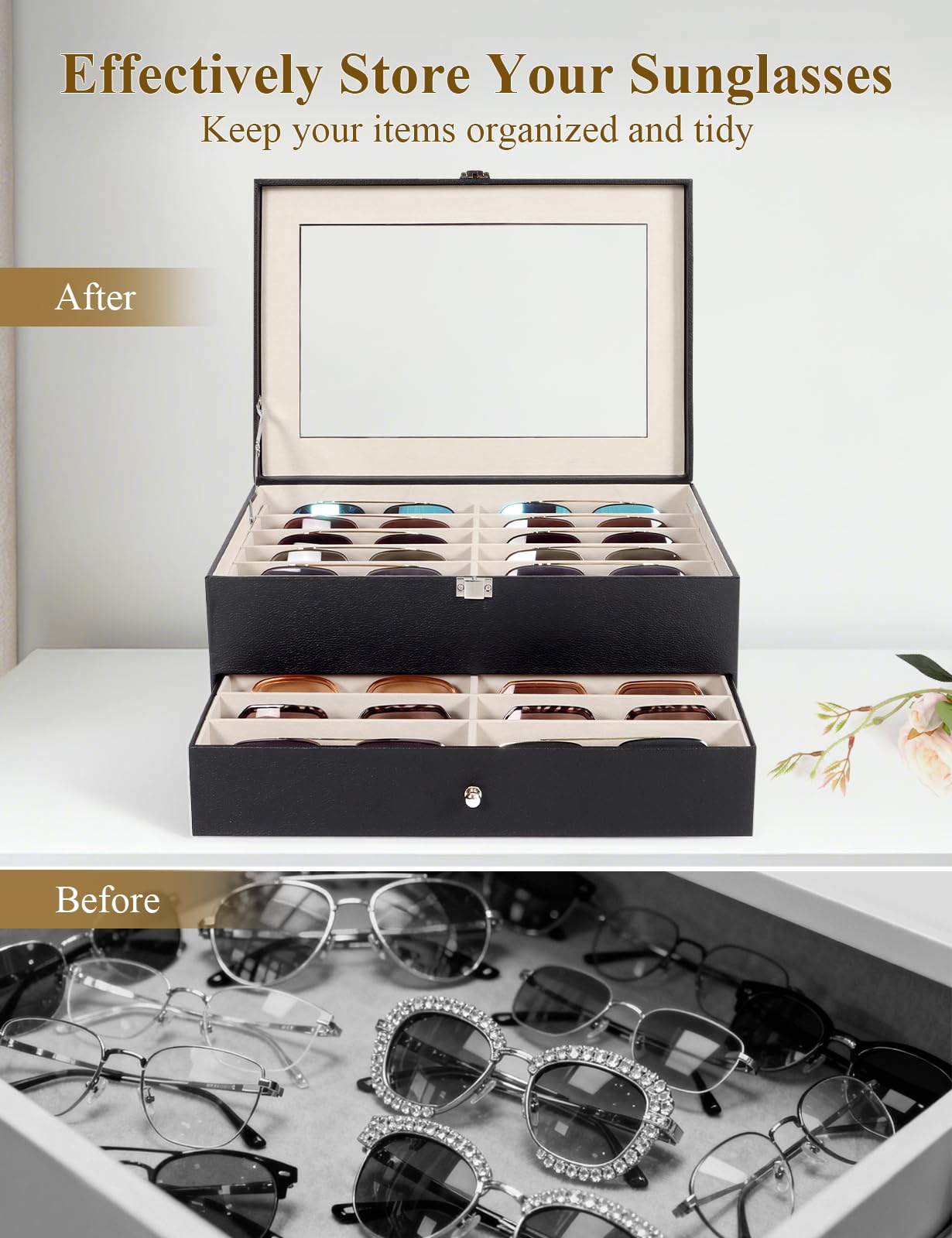 Huvon Sunglasses Storage Organizer Case with 24 Adjustable Slots, 2 Layer Multi Eyeglass Glasses Display Box with Lid Women