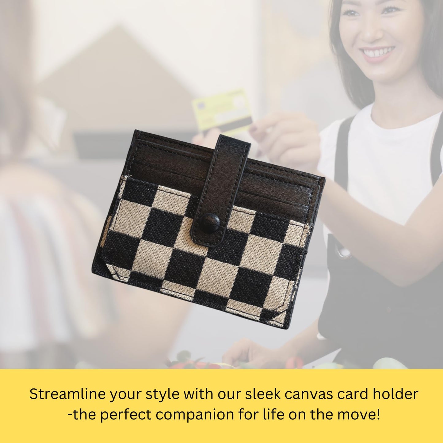 TURBOOST Cute Slim Card Holder Canvas Front Pocket Checkered Wallet, Small Credit Card Case for Women (Black)