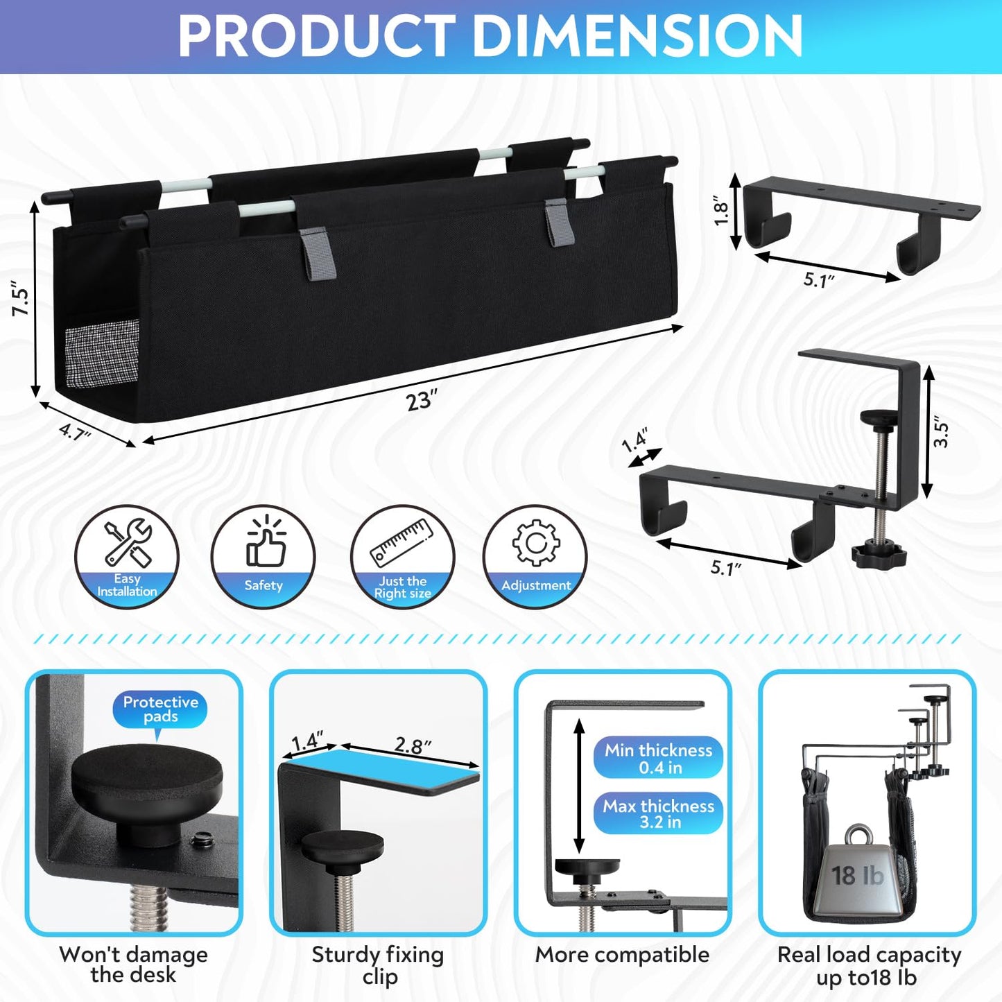 Fabric Under Desk Cable Organizer - Cord Organizer for Desk with 20-Piece Cable Management Kit, Easy Clamp or Screw Mount for Standing Desk Cable Management, Mesh Ventilation Slot