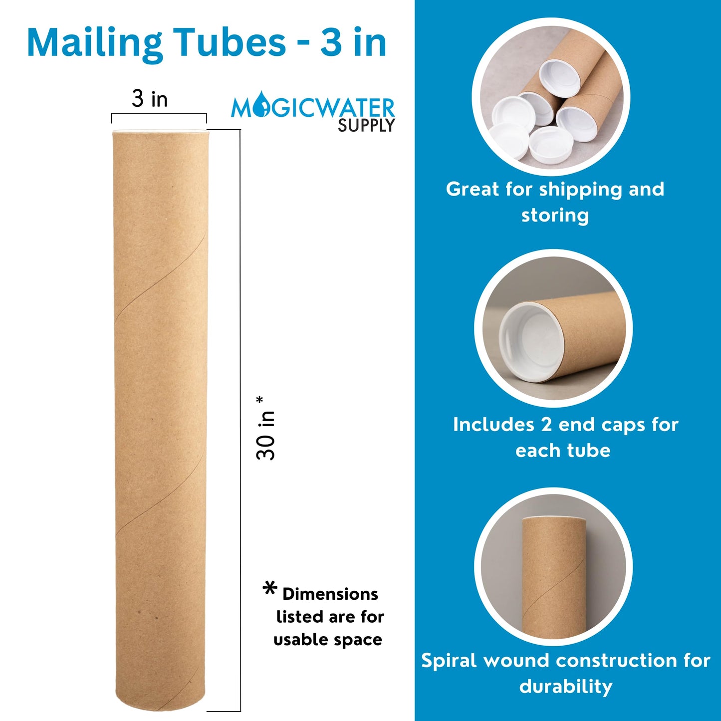 MagicWater Supply Mailing Tube - 3 in x 30 in - Kraft - 6 Pack - for Shipping and Storage of Posters, Arts, Crafts, and Documents