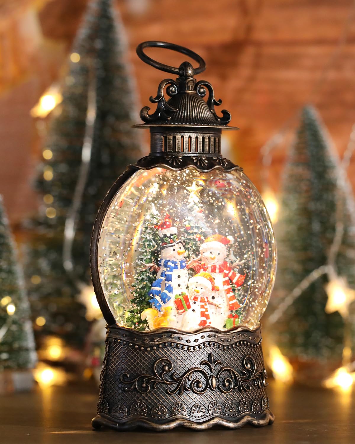 Frosty Snowman Cardinals Snow Globe Lantern for Christmas Decorations, Musical and Luminous,USB or Battery Operated