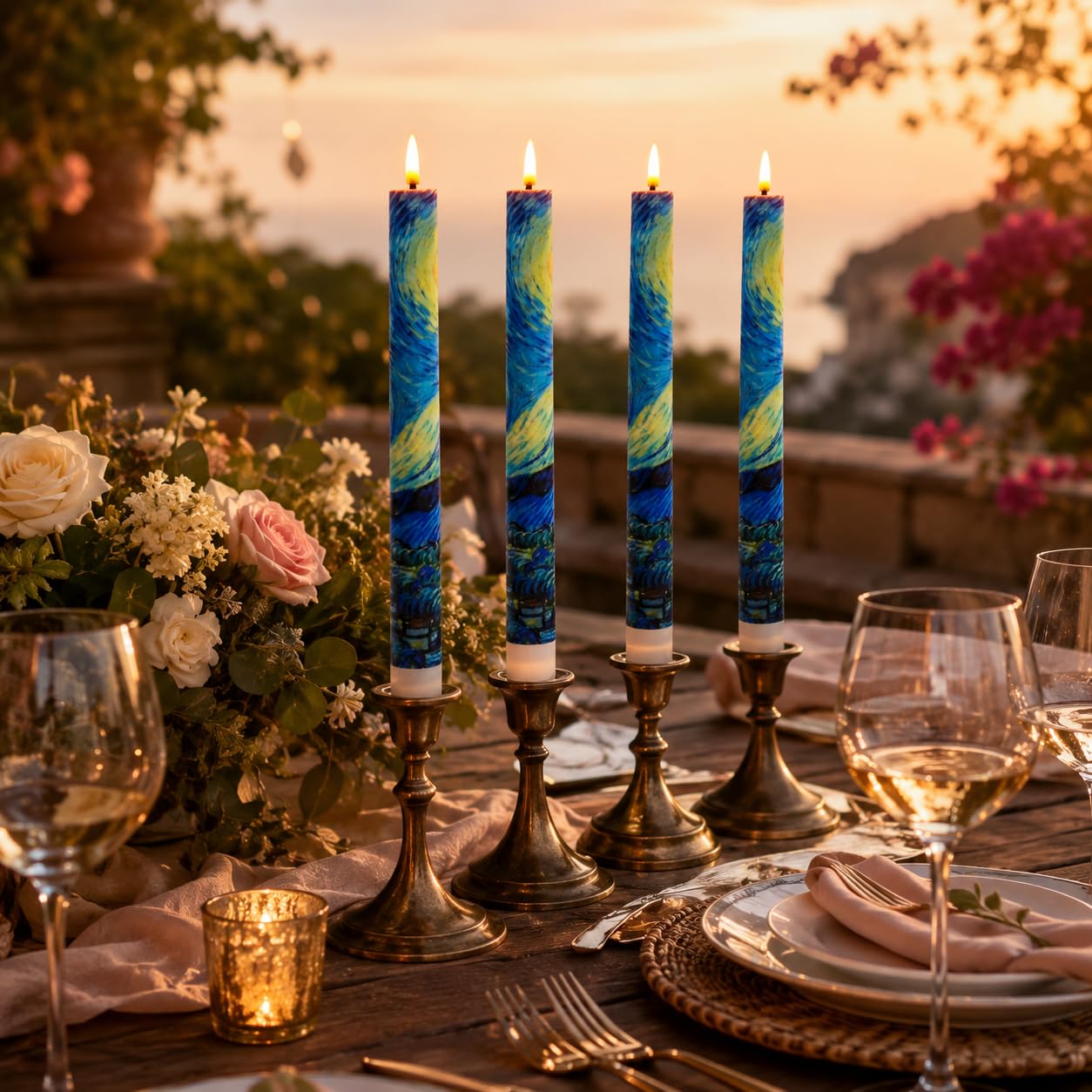 SEUCRWAX 10 Inch Flameless Taper Candles,LED Candlesticks Battery Operated with 10-Key Remote and Timer,4p Flame Lights for Wedding Decoration Party(Starry Sky)