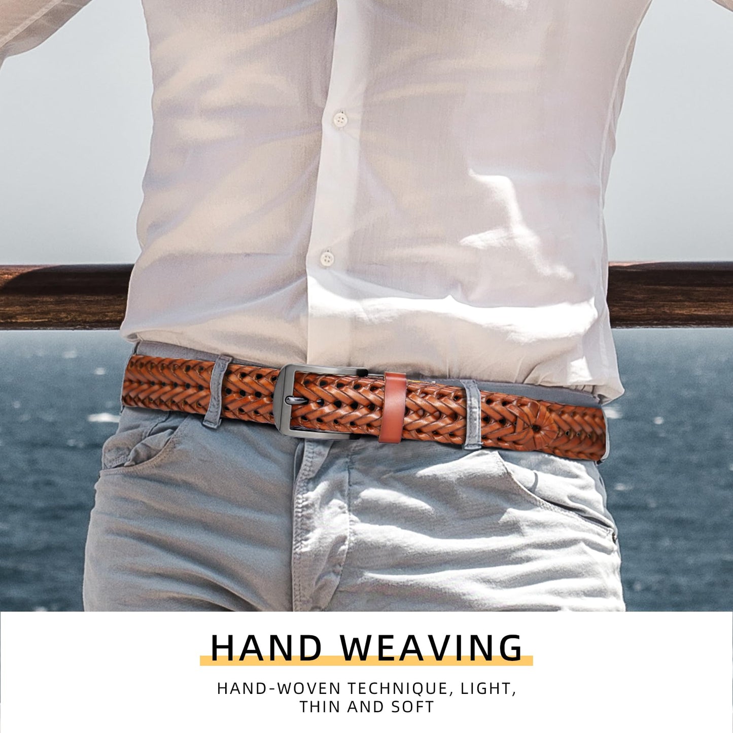 CHXRRPGC Mens Braided Leather Belt Everyday Casual Woven Belts for Men Fit Casual Golf Pants Jeans