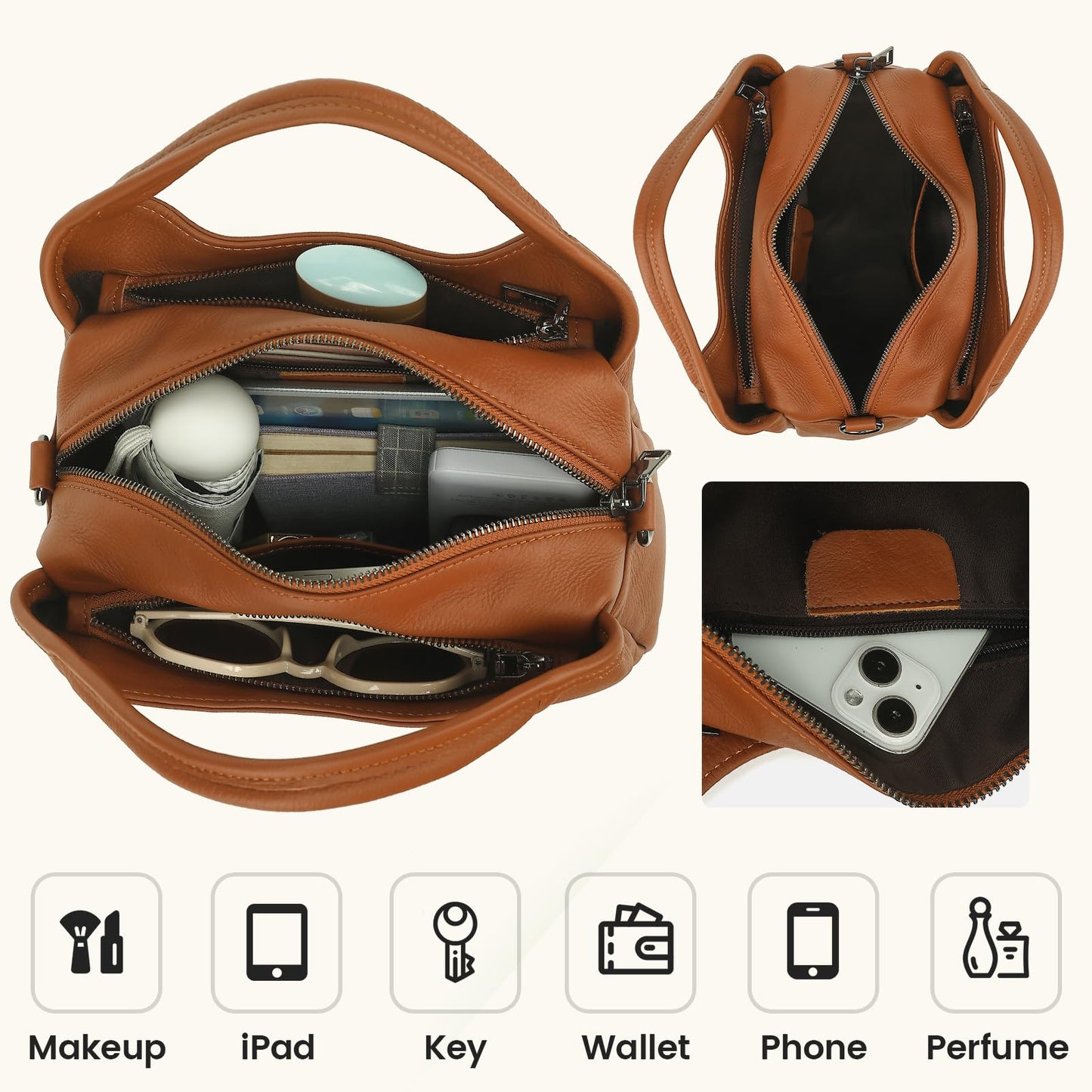 KOGTLA Genuine Leather Purses for Women with Detachable Satchel Strap, Ladies Handbags, Tote Hobo Bags Brown
