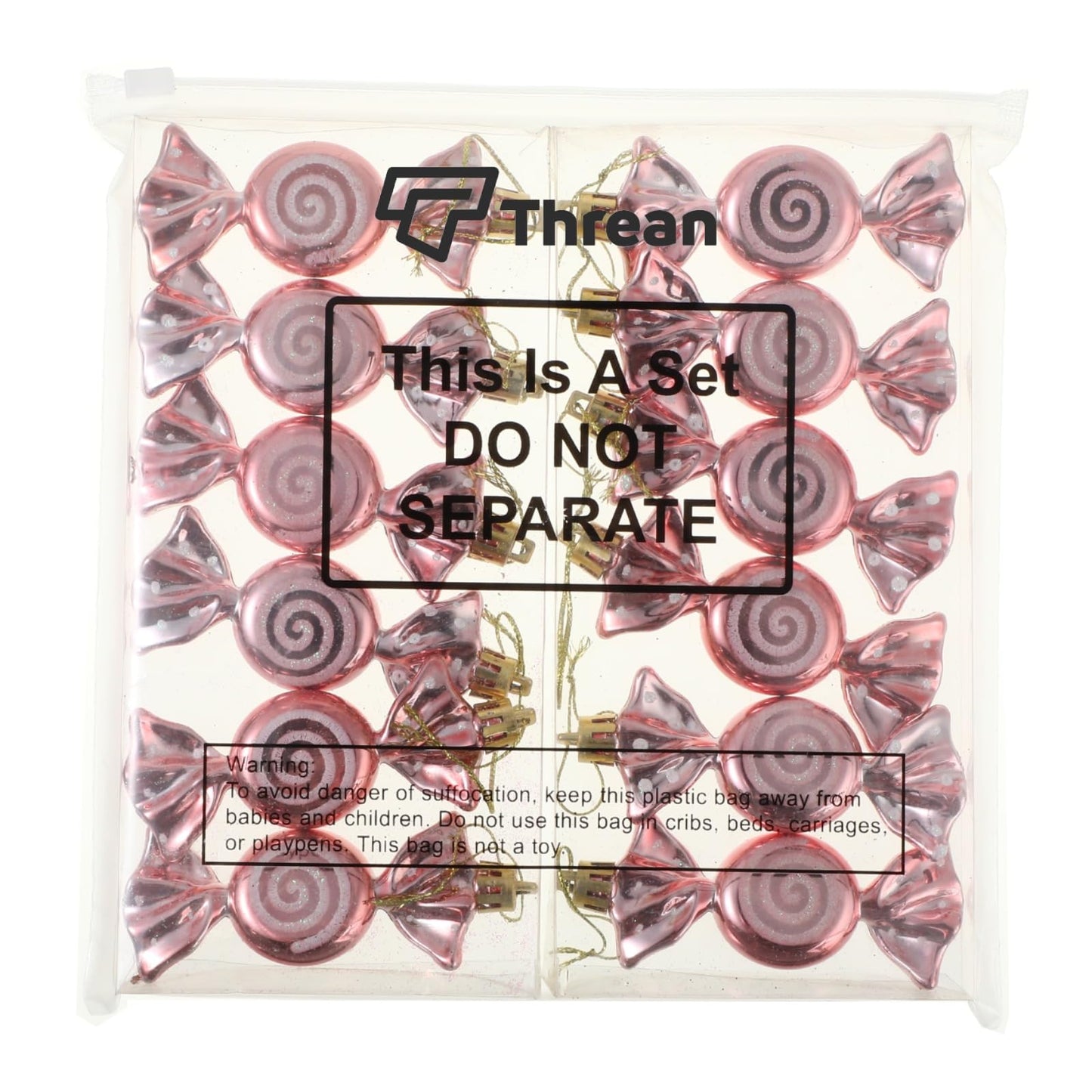 Threan 12 Pcs Christmas Candy Ornaments for Tree Decoration Hanging Glitter Candy Cane Christmas Peppermint Ornament with Golden Rope for Xmas Holiday Decoration(Rose Gold,Plastic)
