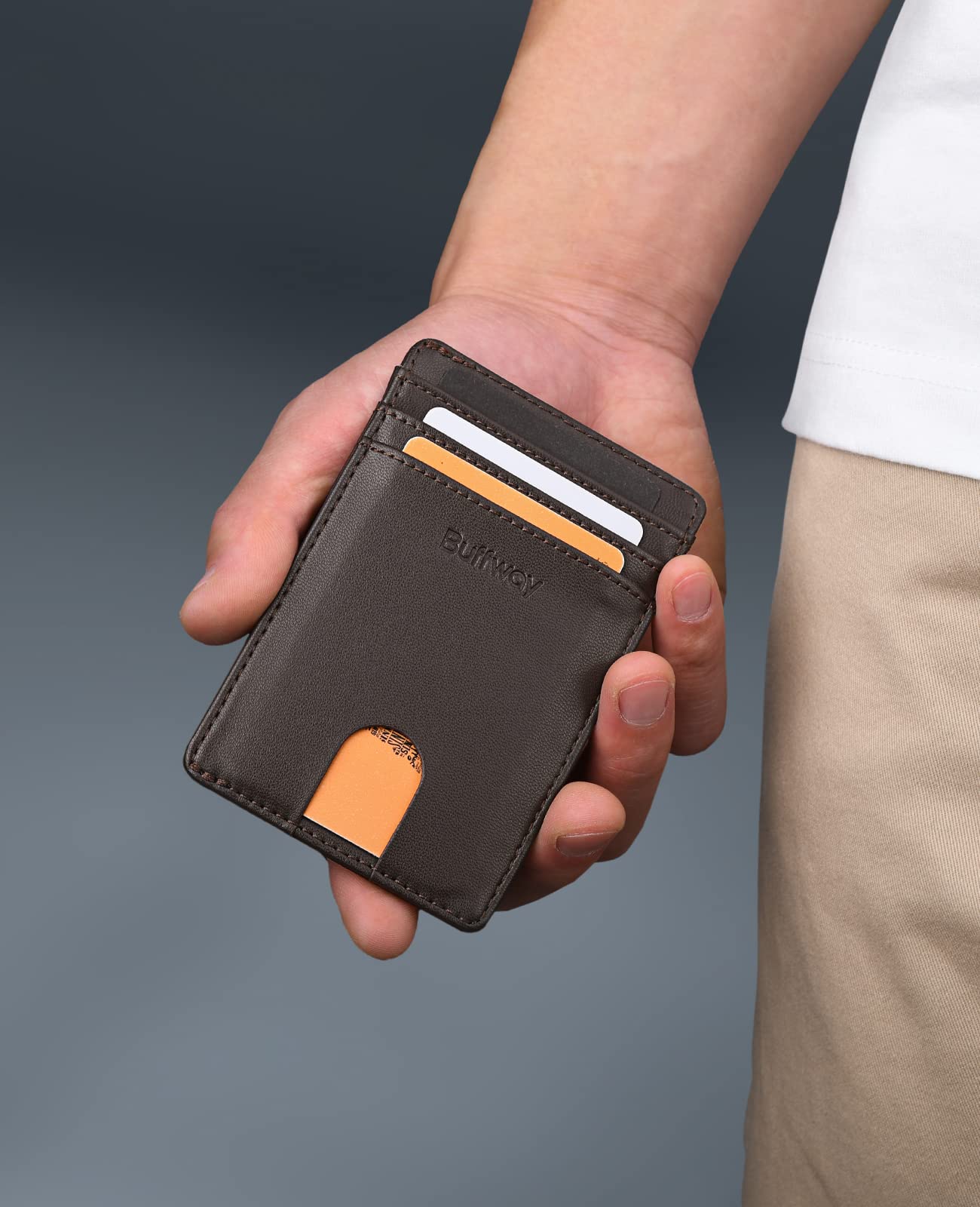 Buffway Mens Slim Wallet, Minimalist Thin Front Pocket Leather Credit Card Holder with RFID Blocking for Work Travel - Boston Chocolate