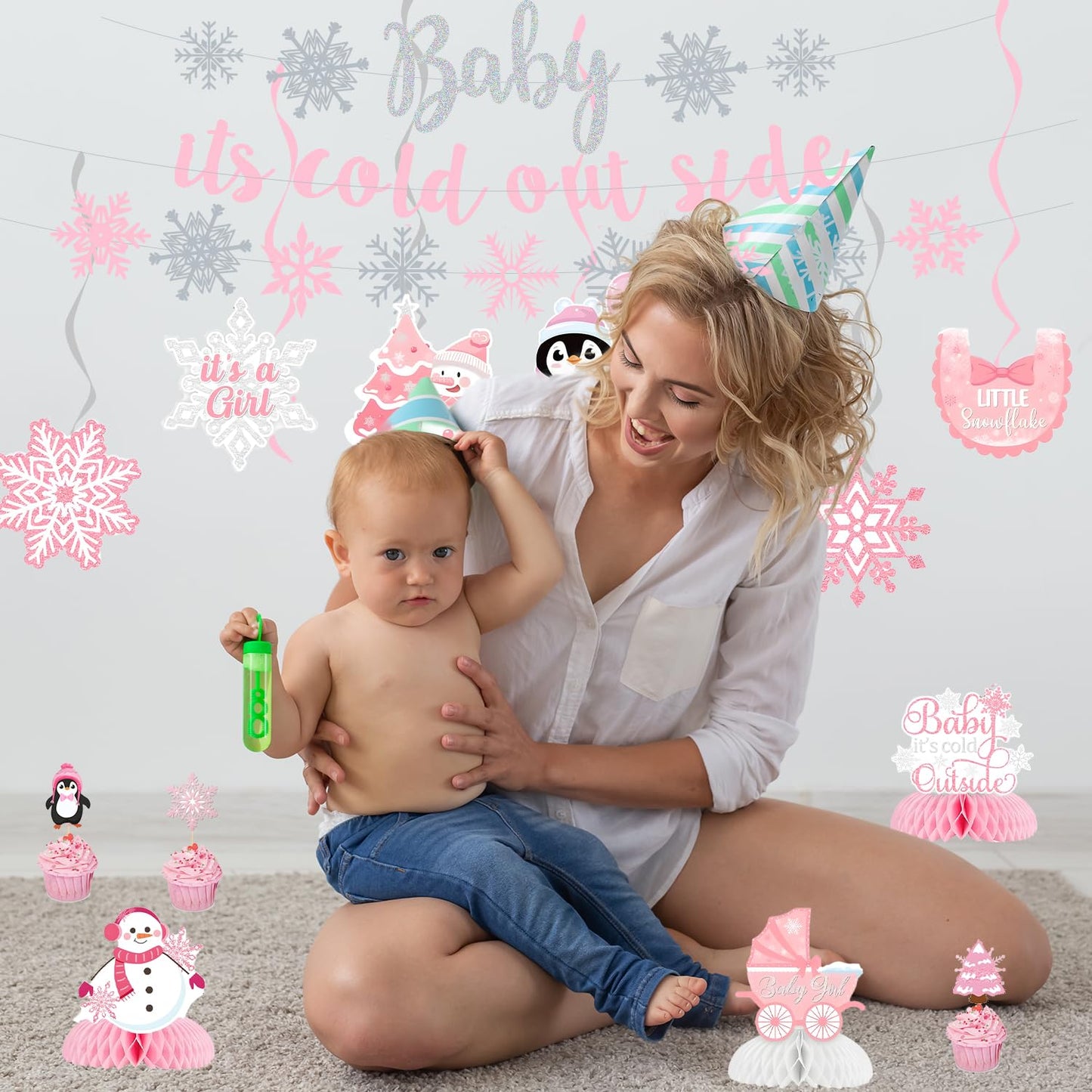 36PCS Little Snowflake Baby Shower Decorations, Pres-Strung Pink Baby It’s Cold Outside Baby Shower Decor, Winter Pink White Little Snowflake It’s A Girl Decorations, Winter Wonderland Party Supplies