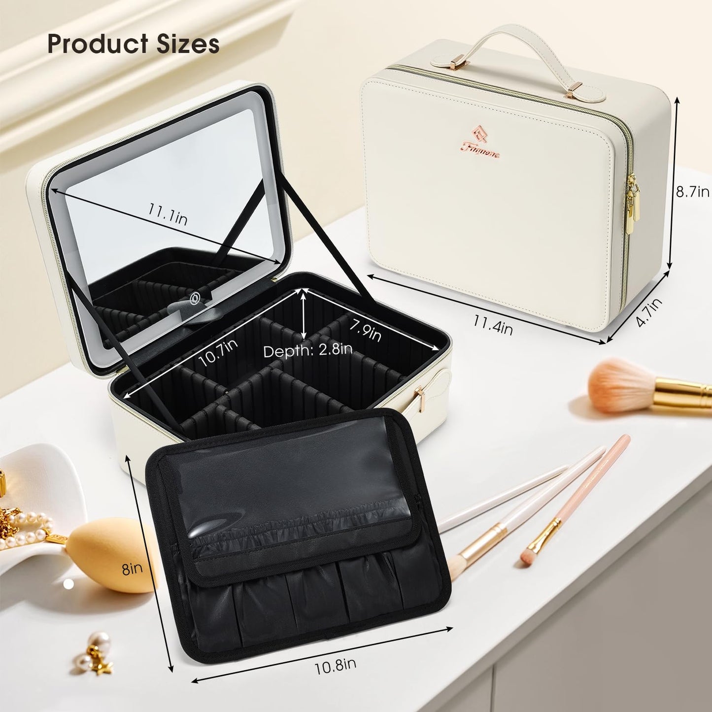 Faquenc Leather Makeup Case with LED Lighted Mirror 11.4 Inch Travel Makeup Bag Adjustable Brightness in 3 Colors Cosmetic Organizer Artist Storage Bag with Dividers Brush Holder Bag Vanity White