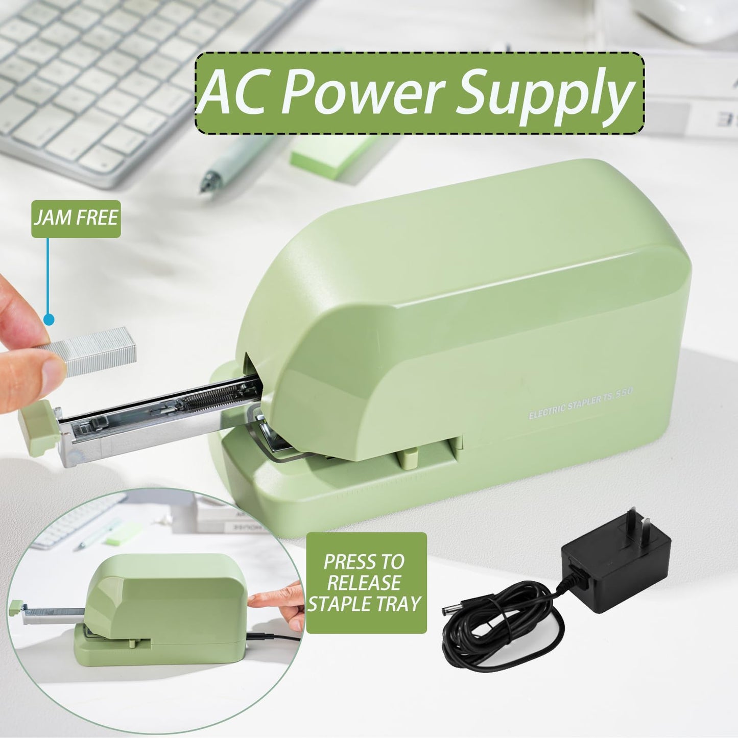 Heavy Duty Electric Stapler Value Pack, 45 Sheet Capacity, Includes 1500 Staples & Staple Remover, No-Jam, Faster Stapling, Automatic Stapler Desktop,AC Adapter Powered (Saga Green)