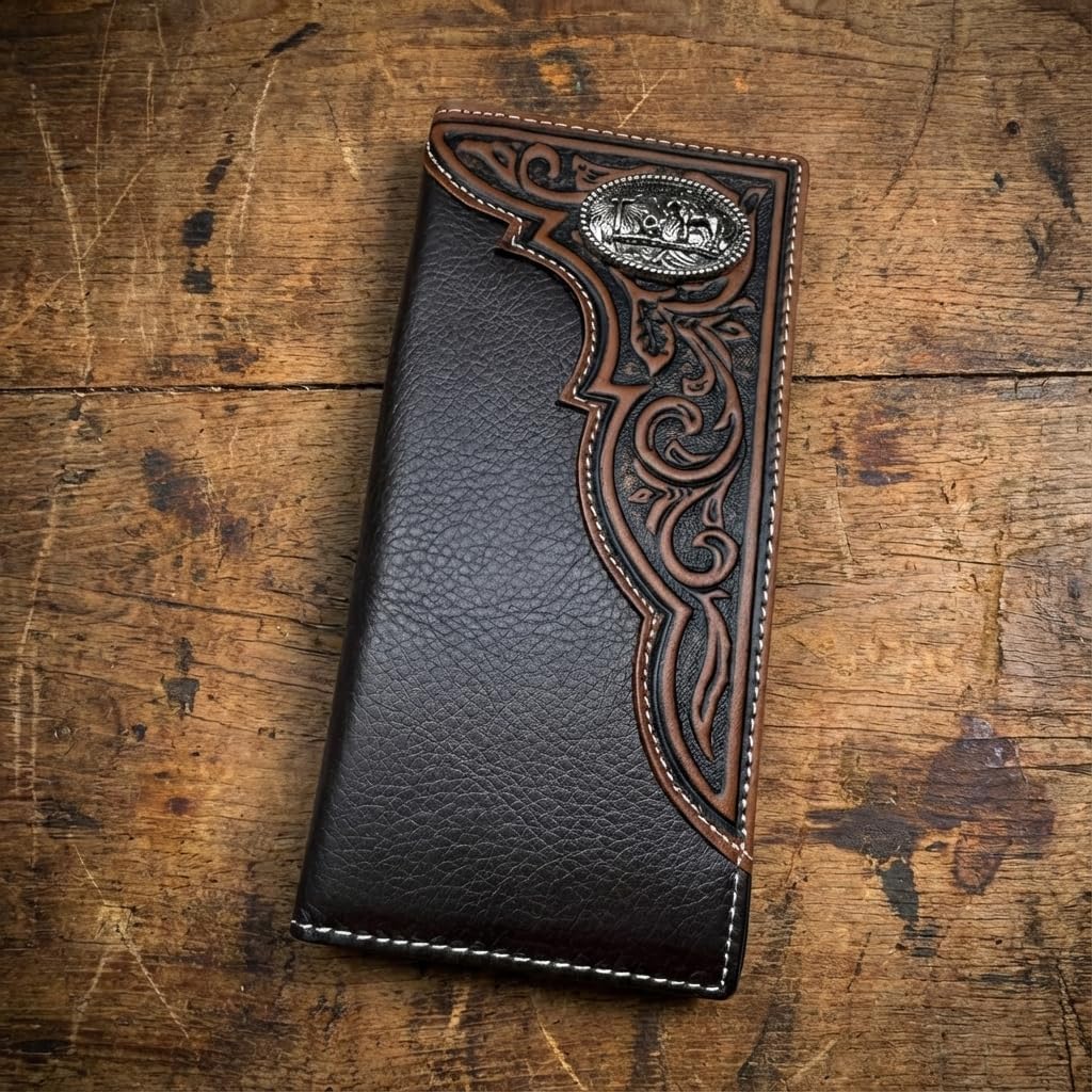 Western Stakes Men's Long Leather Wallet – Western Tooled Bifold Checkbook Organizer with Cowboy Concho (Cowboy Praying, Brown)