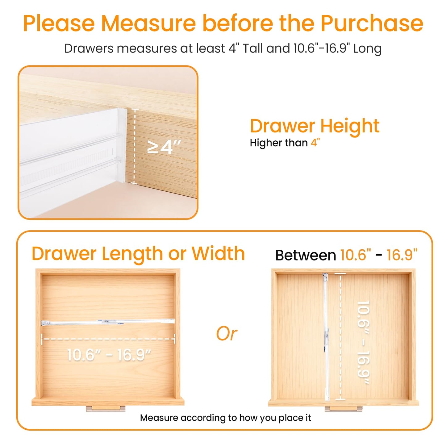 4 Pack Drawer Dividers for Clothes, 4" High 10.6"-16.9" Drawer Divider Adjustable Expandable Dresser Drawer Organizer, Clear Dresser Separators for Clothes, Underwear, Baby Clothes,Cosmetic,Toiletries