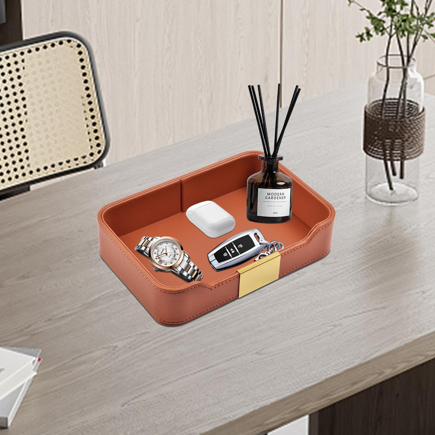 RHCSZ Luxury Leather Valet Tray Desktop Storage Organizer,Bedside Vanity Catchall Tray Nightstand Caddy Holder for Cosmetic,Jewelry,Watch,Keys,Phone,Wallet,Remote Controller,Pen,Orange