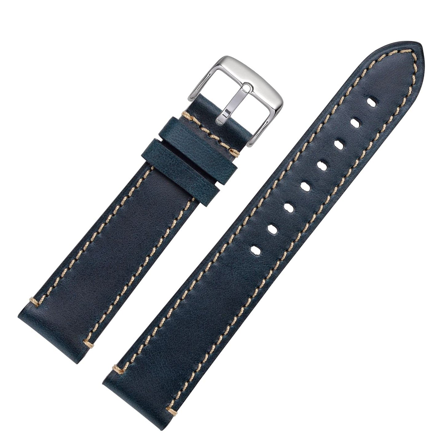 WOCCI 20mm Watch Band, Pull Up Leather, Polished Silver Buckle (Midnight Blue)