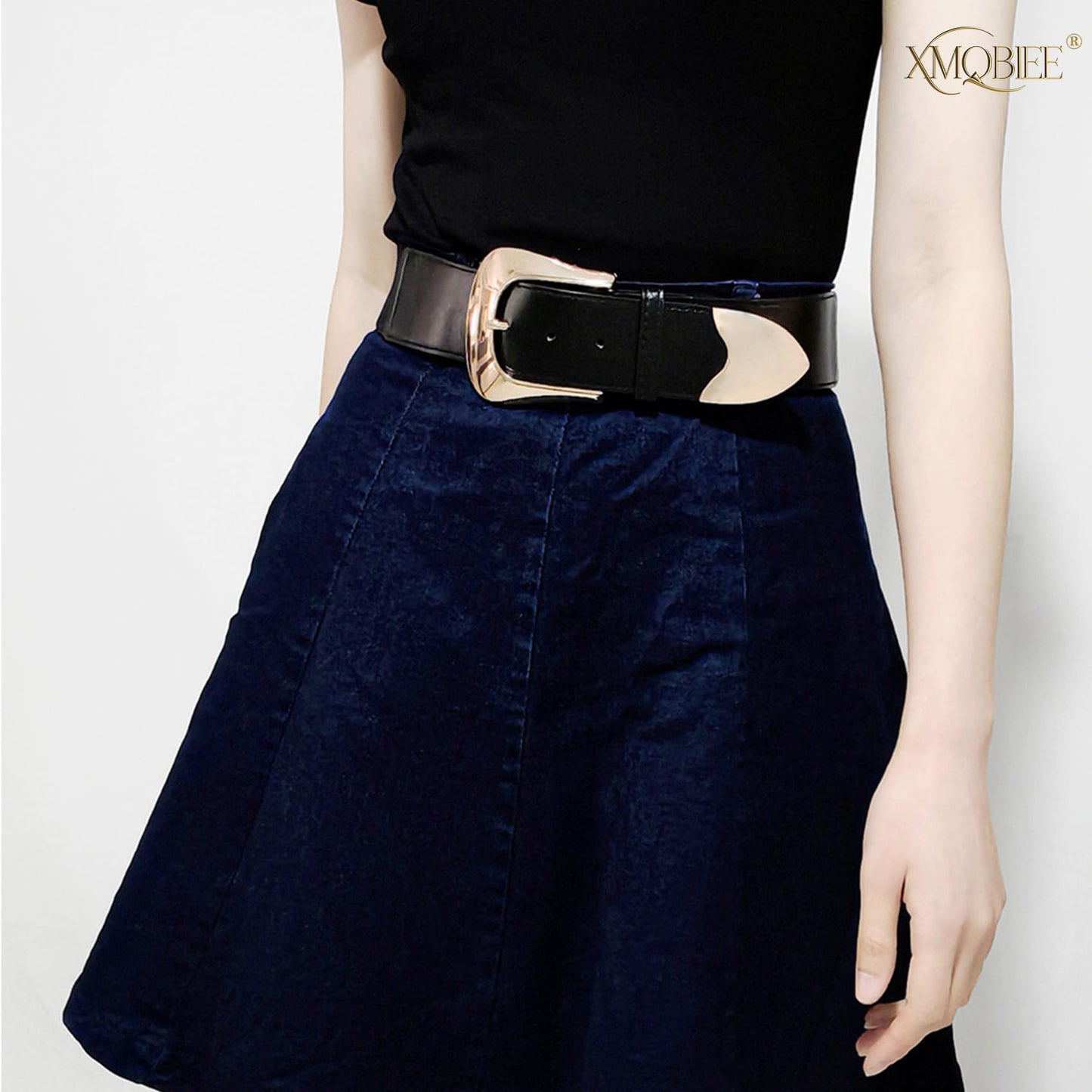 XMQBIEE Women's Wide Elastic Waist Belt with Gold Western Buckle, Retro Leather Waist Belt for Dresses Jeans and Coats