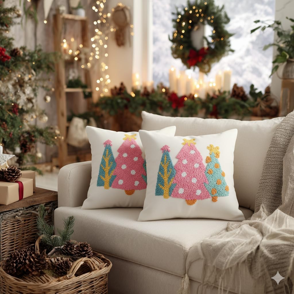 GEEORY Christmas Pillow Covers 18x18 Inch, Canvas Embroidered Xmas Tree Throw Pillows, Farmhouse Home Decoration Cushion Case for Sofa & Bed (Pink
