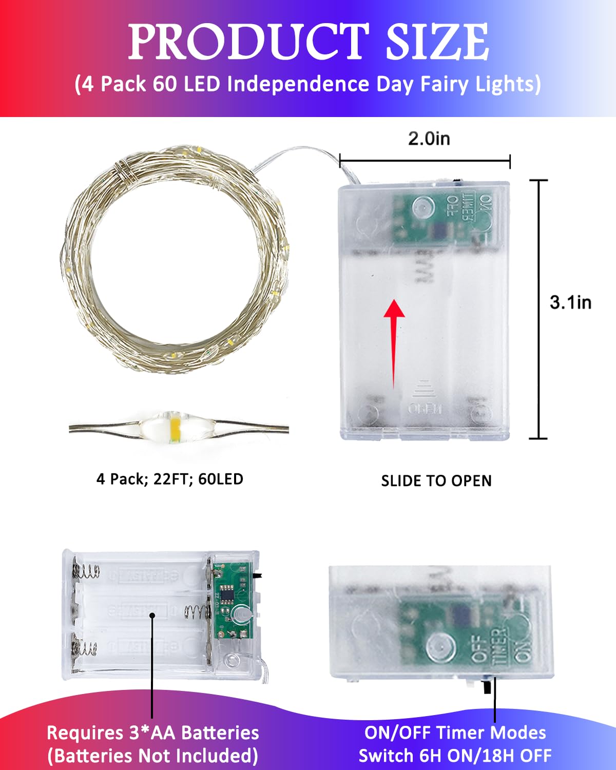4 Pack 20FT 60LED Red White and Blue Battery Operated Fairy Lights with Timer, 4th of July Battery String Lights Waterproof Outdoor Indoor, Battery Twinkle Lights Independence Day Memorial Day Decor
