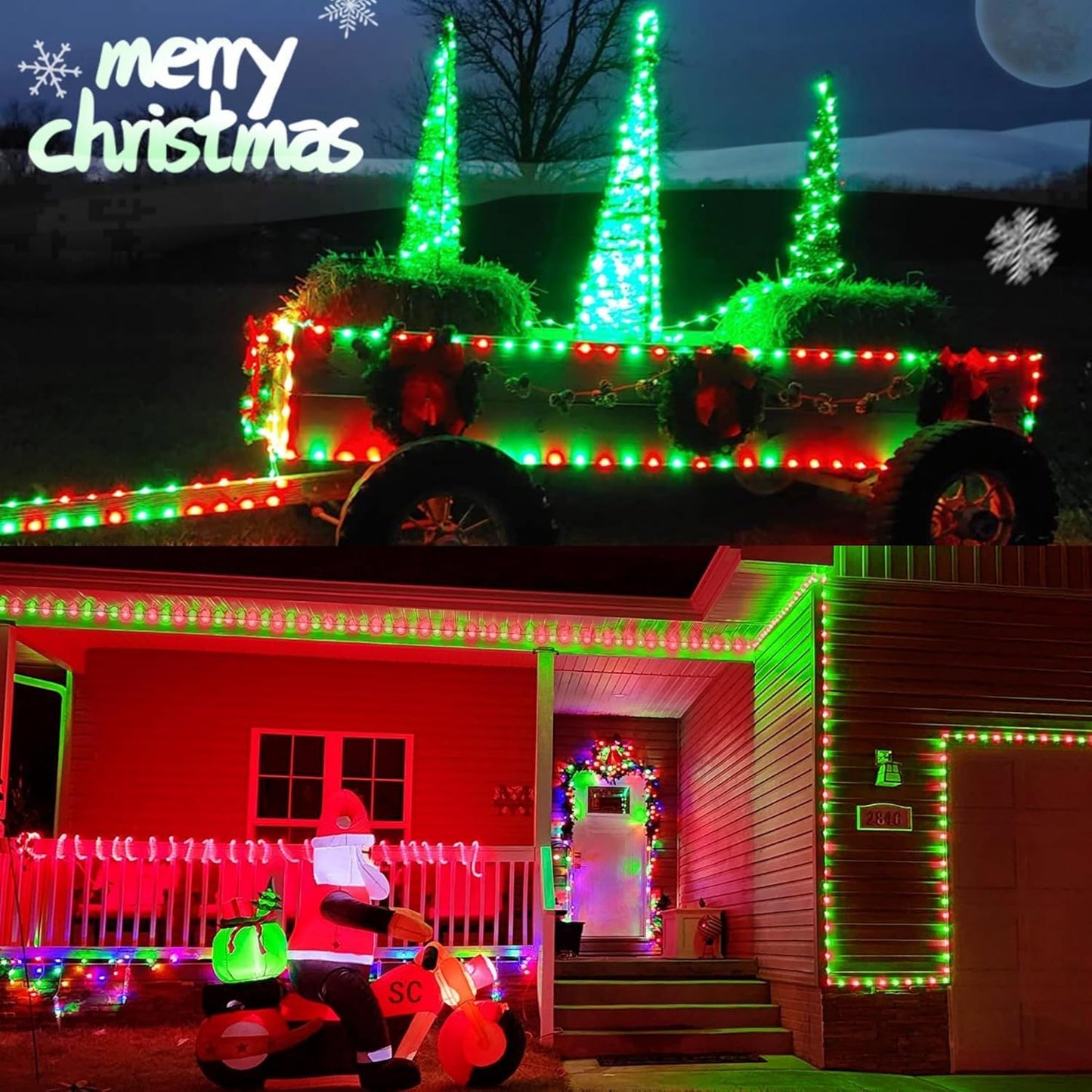 QITONG Red and Green Solar Rope Lights, 2 Pack Each 33ft 100 LED String Lights Outdoor, Fairy Lights in Clear Thin Tube with 8 Modes