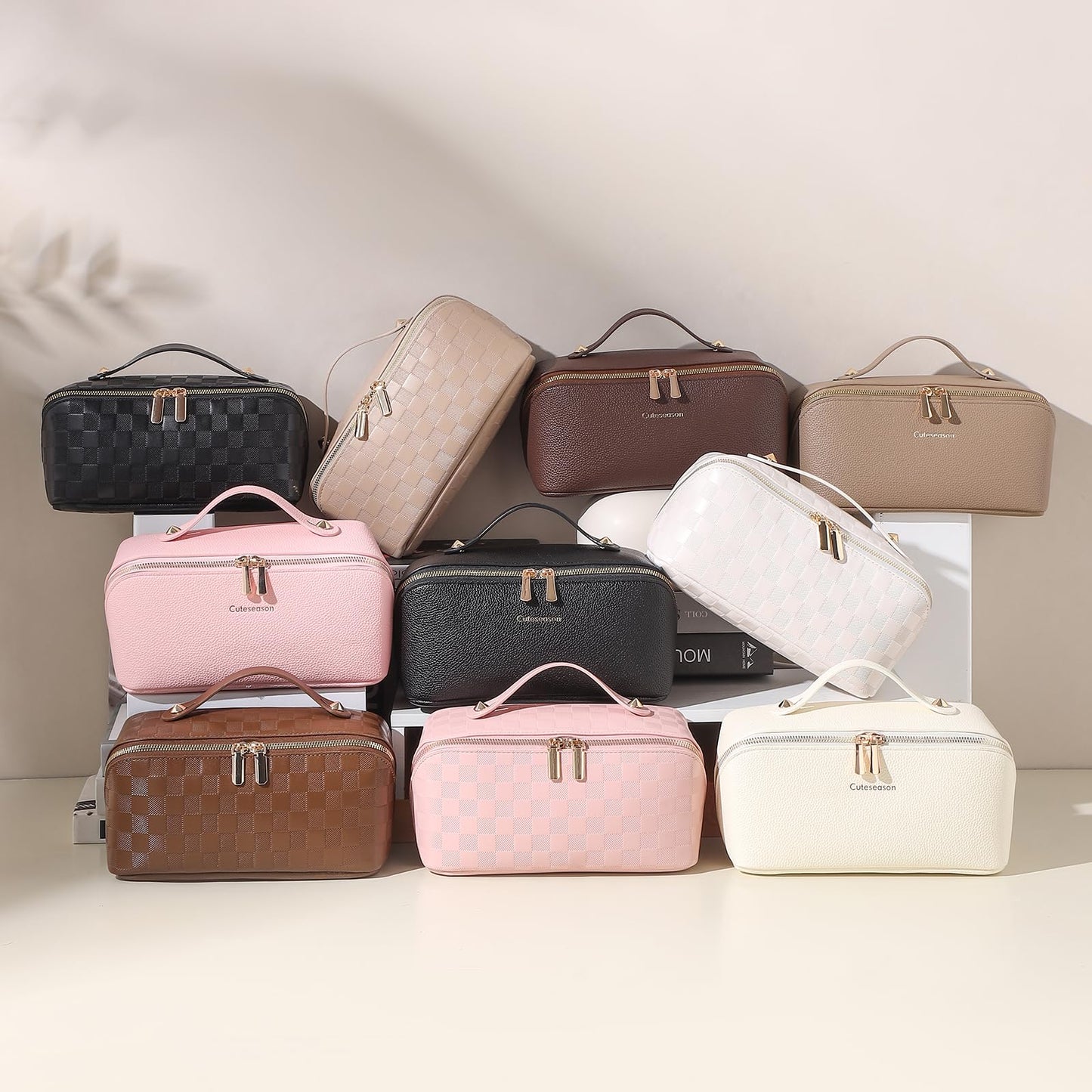 Cuteseason PU Leather Makeup Bag for Women, Structured Makeup Case with Wide Opening, Travel Cosmetic Bag with Compartments and Handle, Water-Resistant Makeup Organizer(Khaki, Lychee Grain)