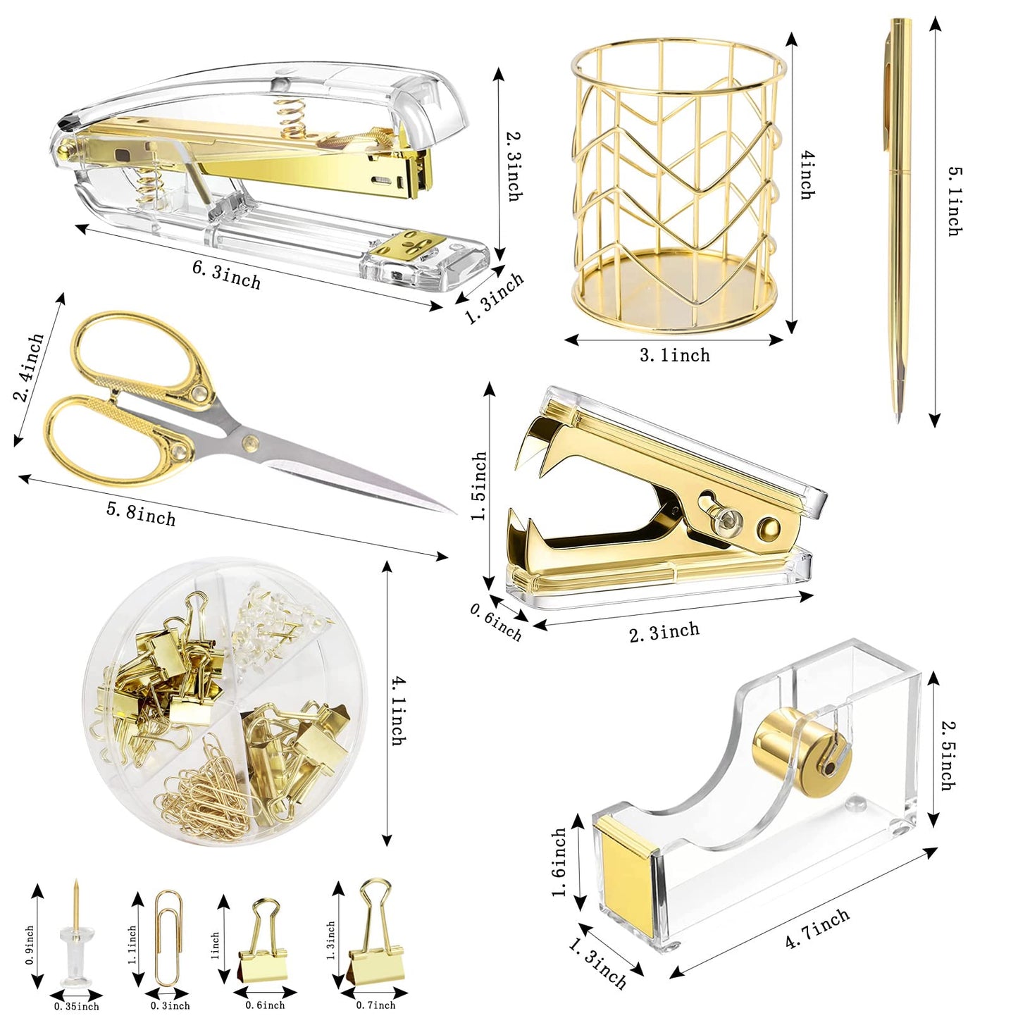 Famassi Gold Desk Accessories,Office Supplies Set Acrylic Stapler Set Staple Remover, Tape/Pen Holder, 2 Ballpoint Pen, Scissor, Binder/Paper Clips and 1000pcs Staples.