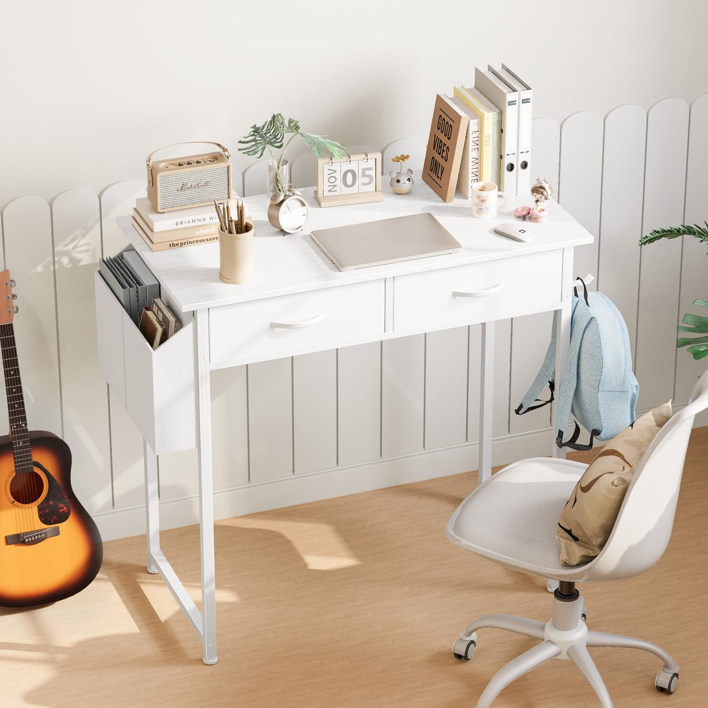 Sweetcrispy Computer Desk Small 32 Inch Home Office Bedroom Writing Study PC Table with Fabric Storage Drawers Space Side Bag Headphone Hook Metal Frame Adjustable Feet Modern Simple Style, White Wood