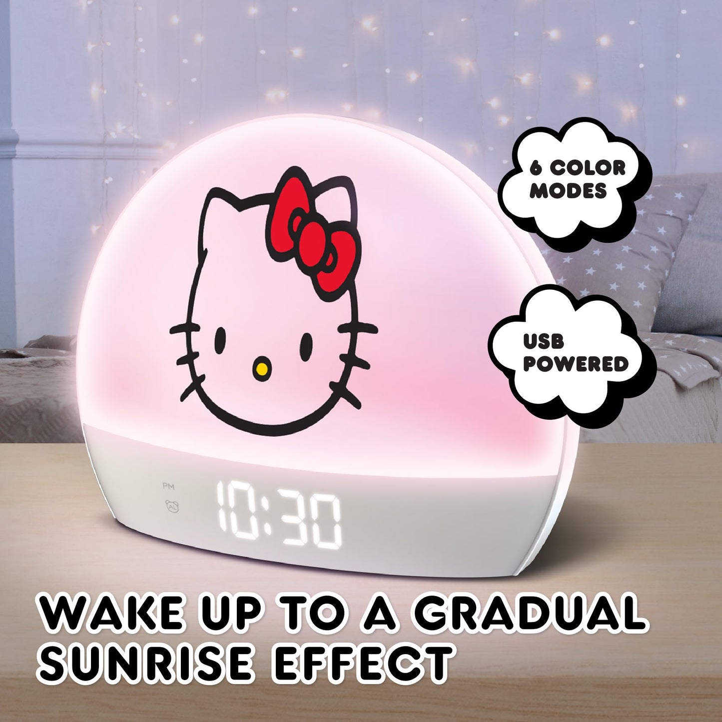 Hello Kitty Sunrise Alarm Clock - Multicolor Lights, USB Charging, LED Display, and Snooze Function
