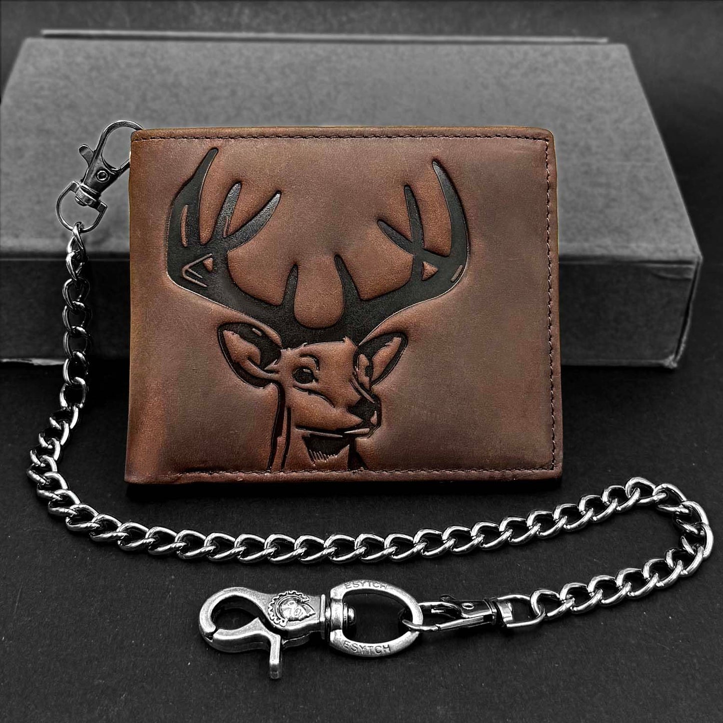 XIXTUT Cowhide Leather Deer Bifold Wallet for Men,Slim Profile Hunting Wallet RFID Wallet Slim Bifold Wallet Christmas Gift for Men with Chain.