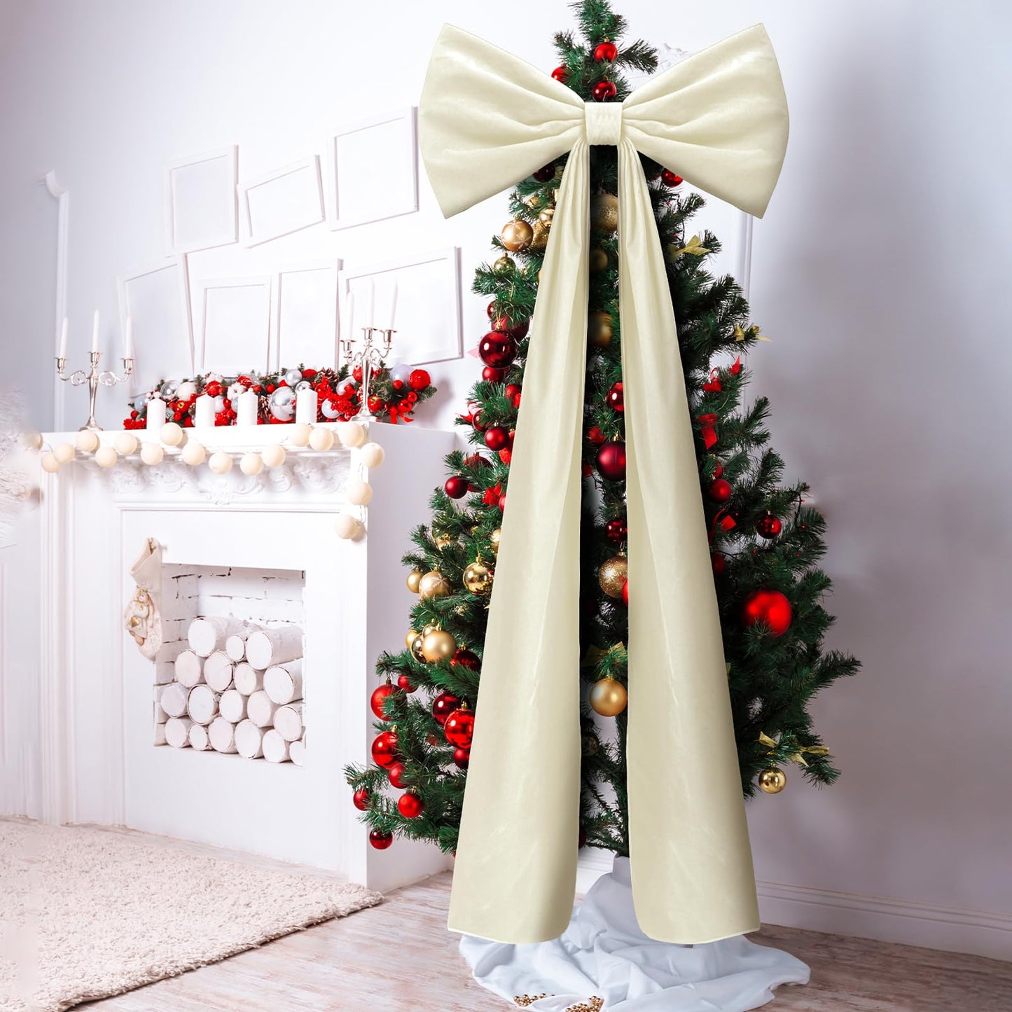 Knitgrip 20 x 71 Inches 1 Pack Christmas Extra Large Velvet Bows Christmas Tree Topper Bow Decor Giant Xmas Front Door Bows with Long Streamers for Home Wreath Wall Backdrop Party (Beige)