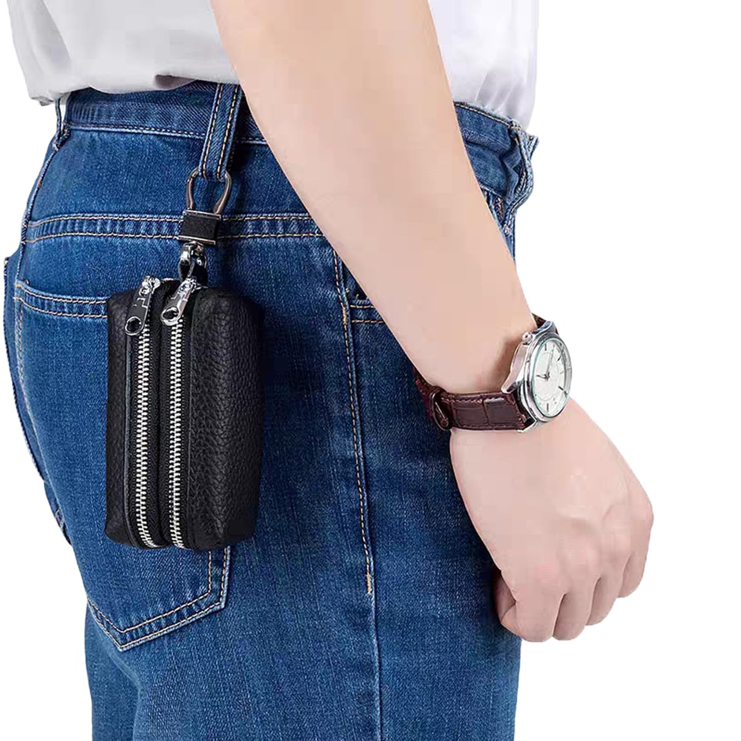 DTSFHTDAL Leather Car Key Wallet Case, Multi Functional First Layer Cowhide Key Bag Double Zipper Keychain Wallet Double Zip Key Bag for Keys (Black)