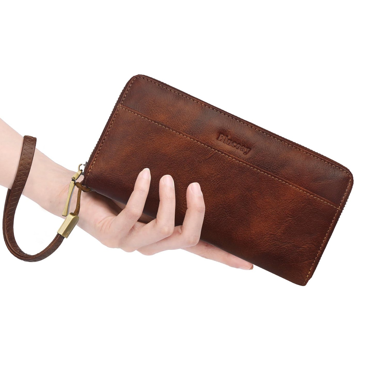 Blucoay Leather Wallet Women Wristlet RFID Blocking Large Capacity Long Wallet For Women Card Holder With Zip Coin Pocket(darkbrown)