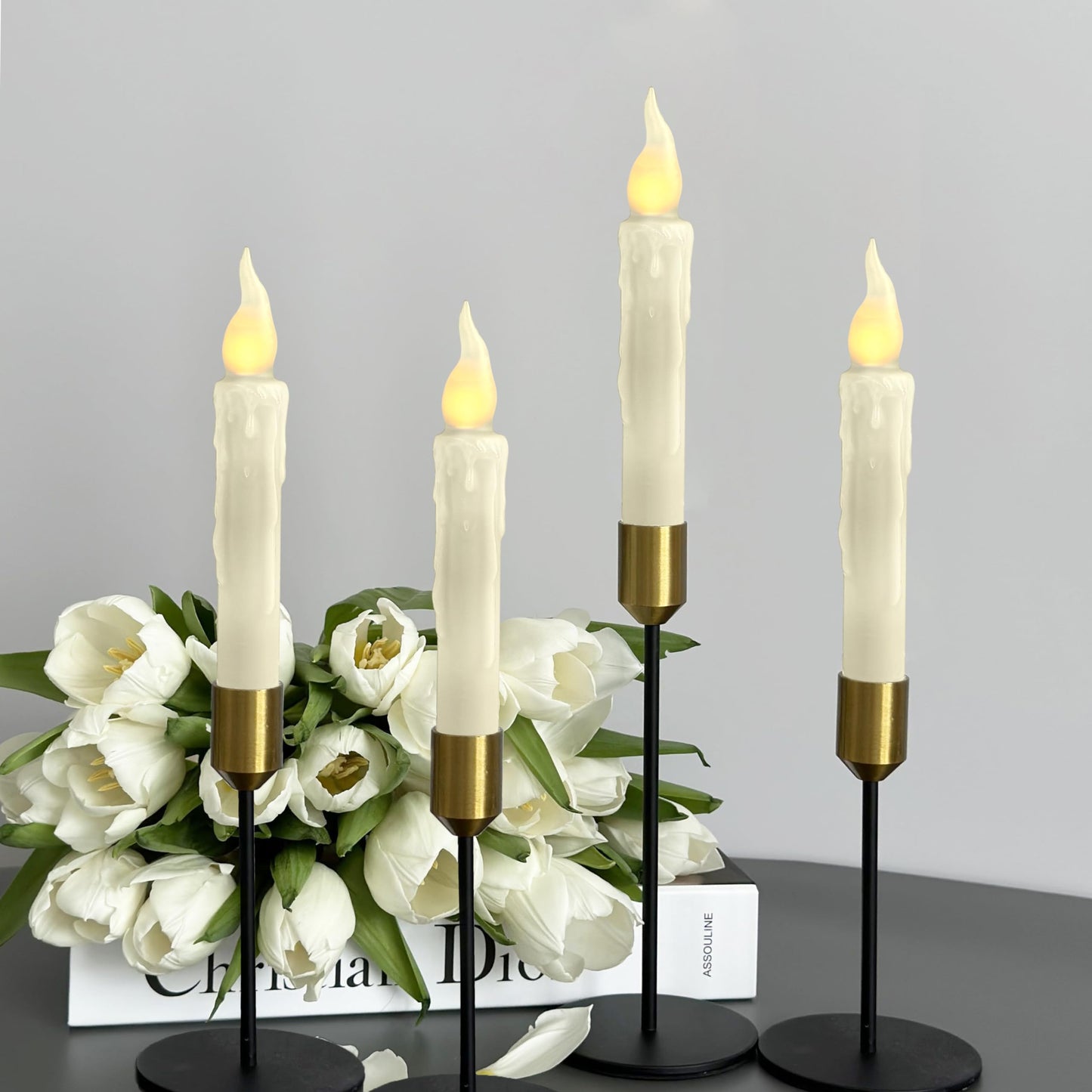 FCMSHAMD Ivory White Flameless Short Taper Candles, Real Wax Hand Dipped LED Battery Operated with Remote, Flickering Flame Lights for Festival Home Décor, 6.7 Inch Primitive Flameless Candles, 4PCS