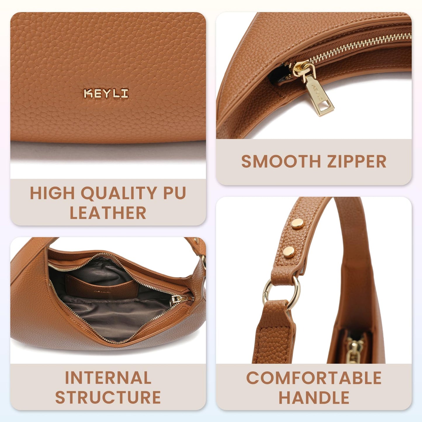 Keyli Shoulder Bag Polene Bags for Women Fashionable Casual Vegan Leather Zip Top-Handle Handbags Quilted Crescent Hobo Purse Brown
