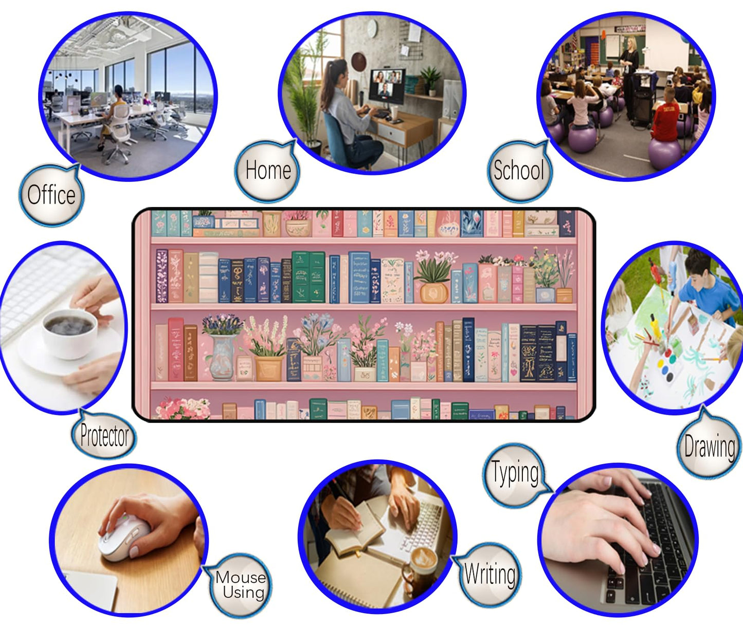 Cute Bookshelf Deskmat, Pink Desk Pad Mousepad XXL, Game Pad, Large Office Desk Keyboard Mat, Anti Slip Rubber Base and Sewn Edge Mouse Mat, Beautiful Reading Space Desktop Decor 31.5"X15.7"