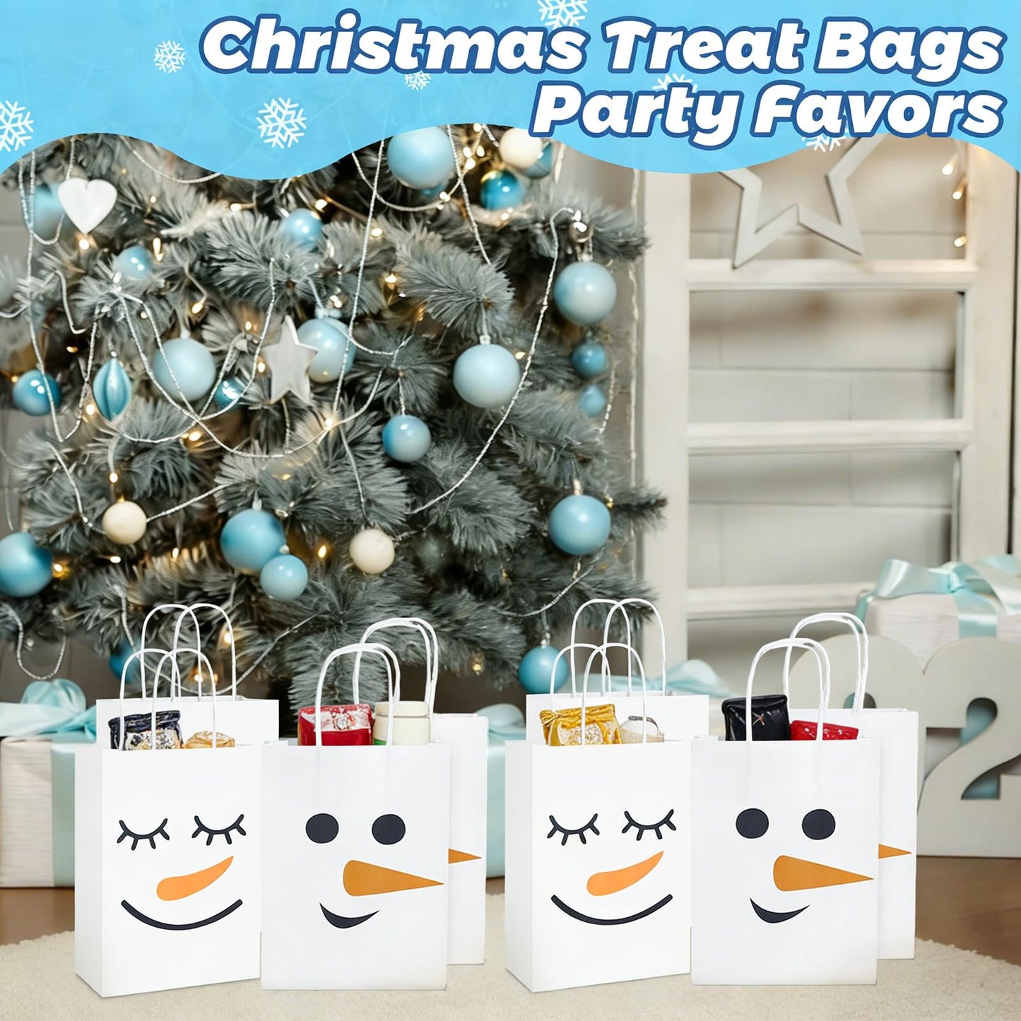 FOGWOWO 48 Pcs Snowman Gift Bags Christmas Winter Gift Bags Bulk with Handles,Snowman Goodie Bags Paper Candy Treat Bag Christmas Party Wrapping Supplies