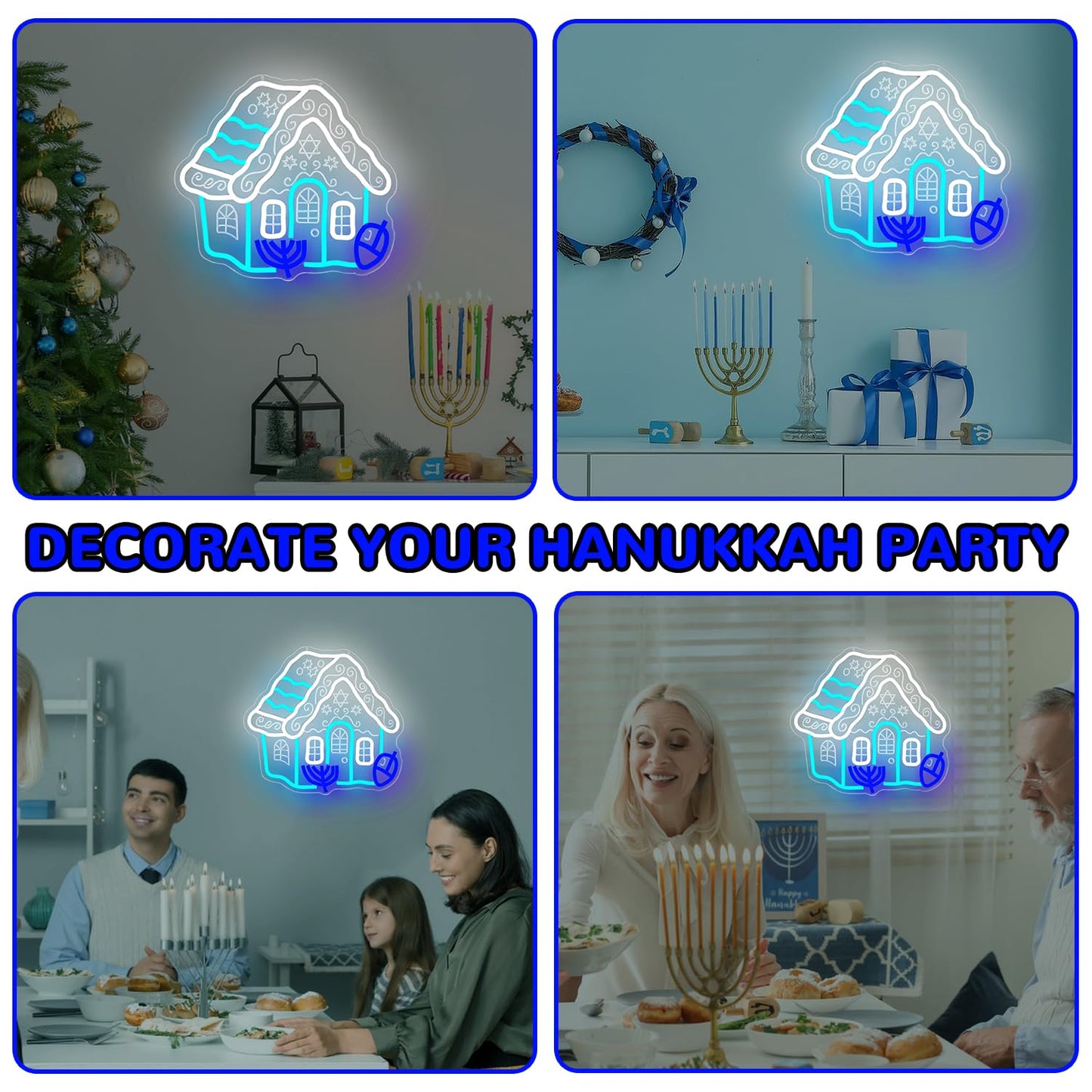 hhuohuona Hanukkah Neon Sign Hanukkah Gingerbread House Light Up Sign Dimmable Chanukah Decorations Jewish Gifts Star of David & Dreidel & Menorah Led Signs for Wall