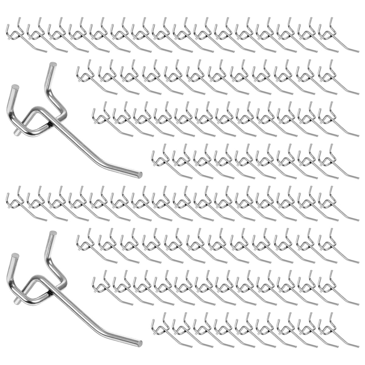 Meyeyaia 100 Pcs Pegboard Hooks 2 Inch Peg Board Shelving Hooks Peg Board Organizer Accessories Pegboard Wall Display Hanging Holders for 1/8 and 1/4 Garage Storage Organizer Tools (Silver)