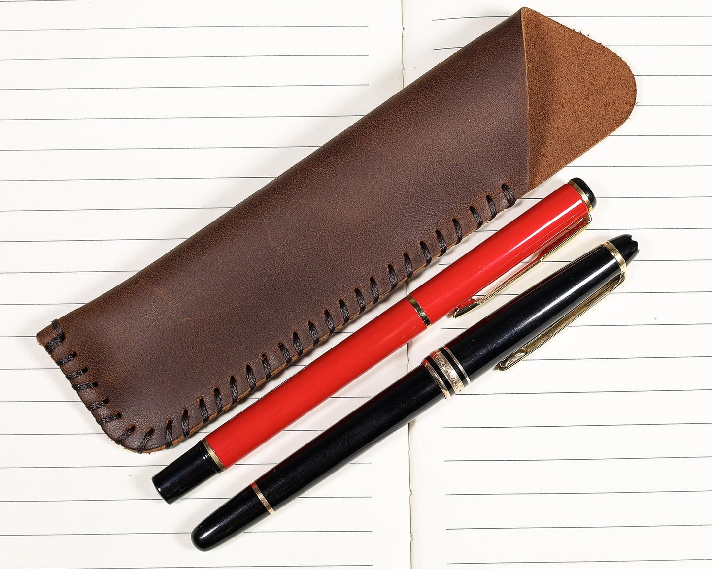 Handmade Genuine Leather Double Pen Case Fountain Pen Sleeve Holder Pouch Cover Vintage (Coffee)